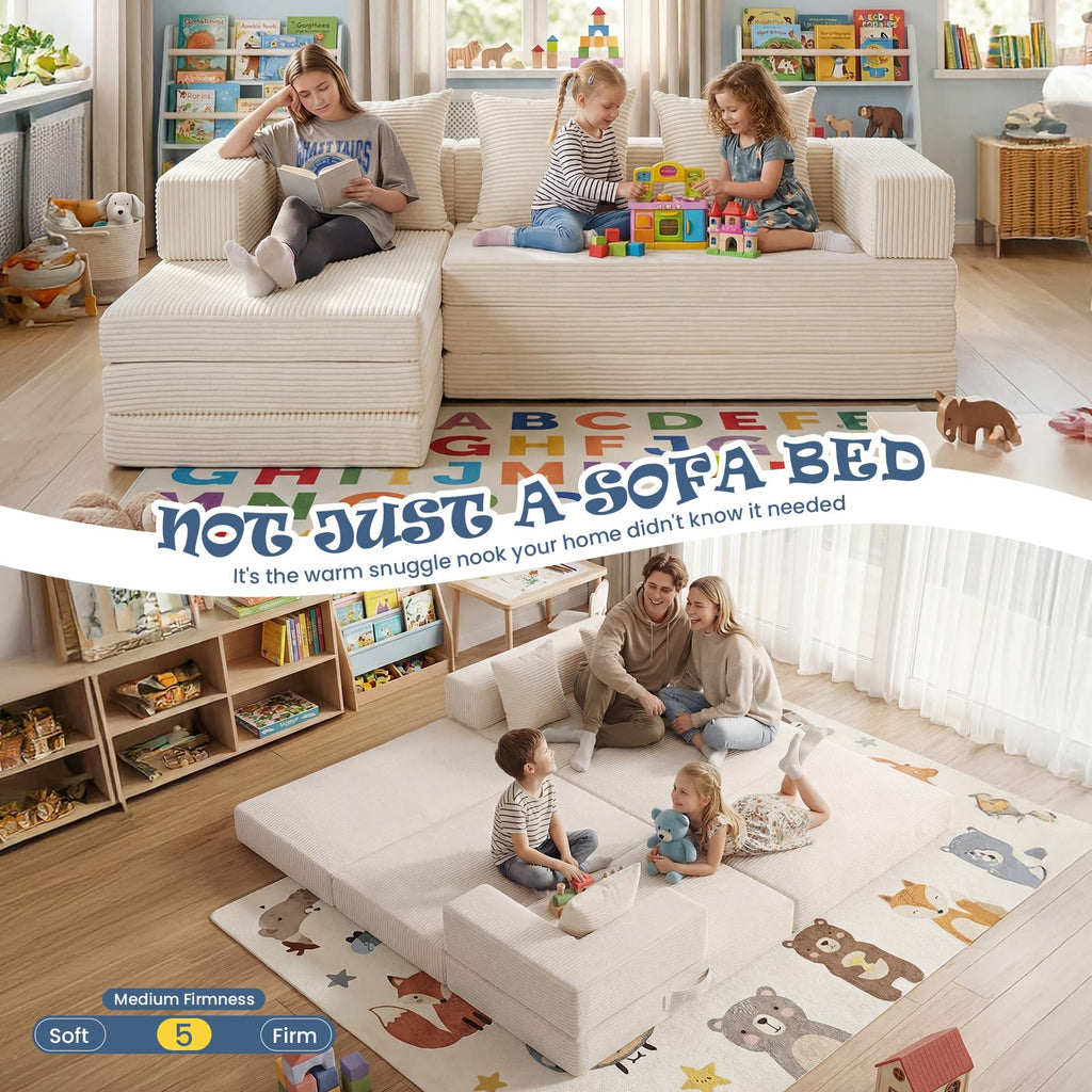 A16,Convertible Modular Kids Play Couch, Soft Corduroy Toddler Sofa Bed with 3 Pillows