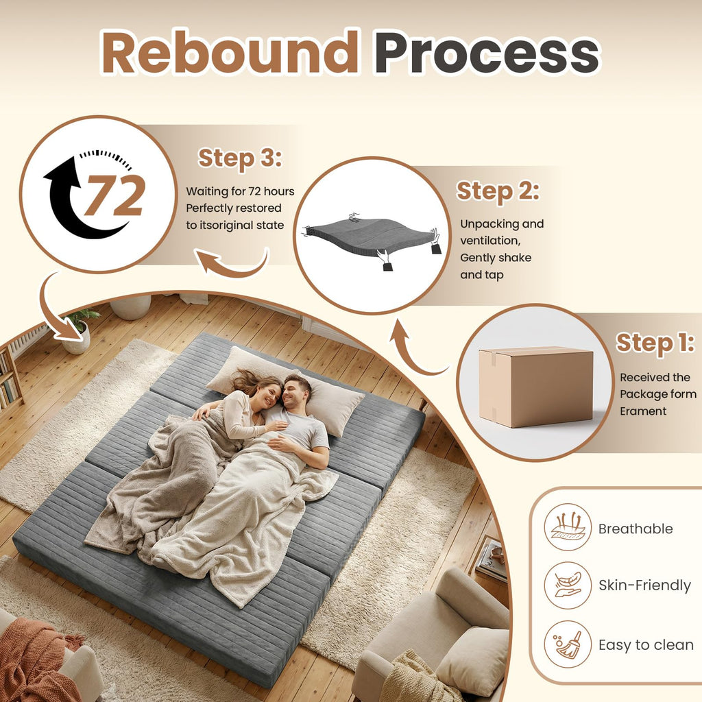 J01,Erament Twin 6" Tufted Tri-Fold Mattress, Portable Foam Floor Guest Bed, Corded Fabric