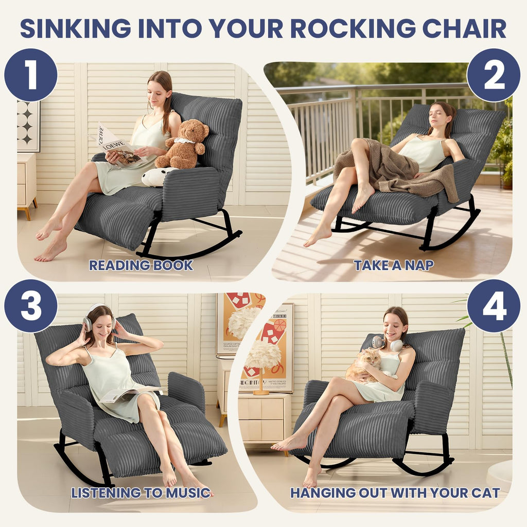 H02,Oversized Corduroy Rocking Chair, Adjustable Backrest & Footrest, Indoor Outdoor Lounge Chair