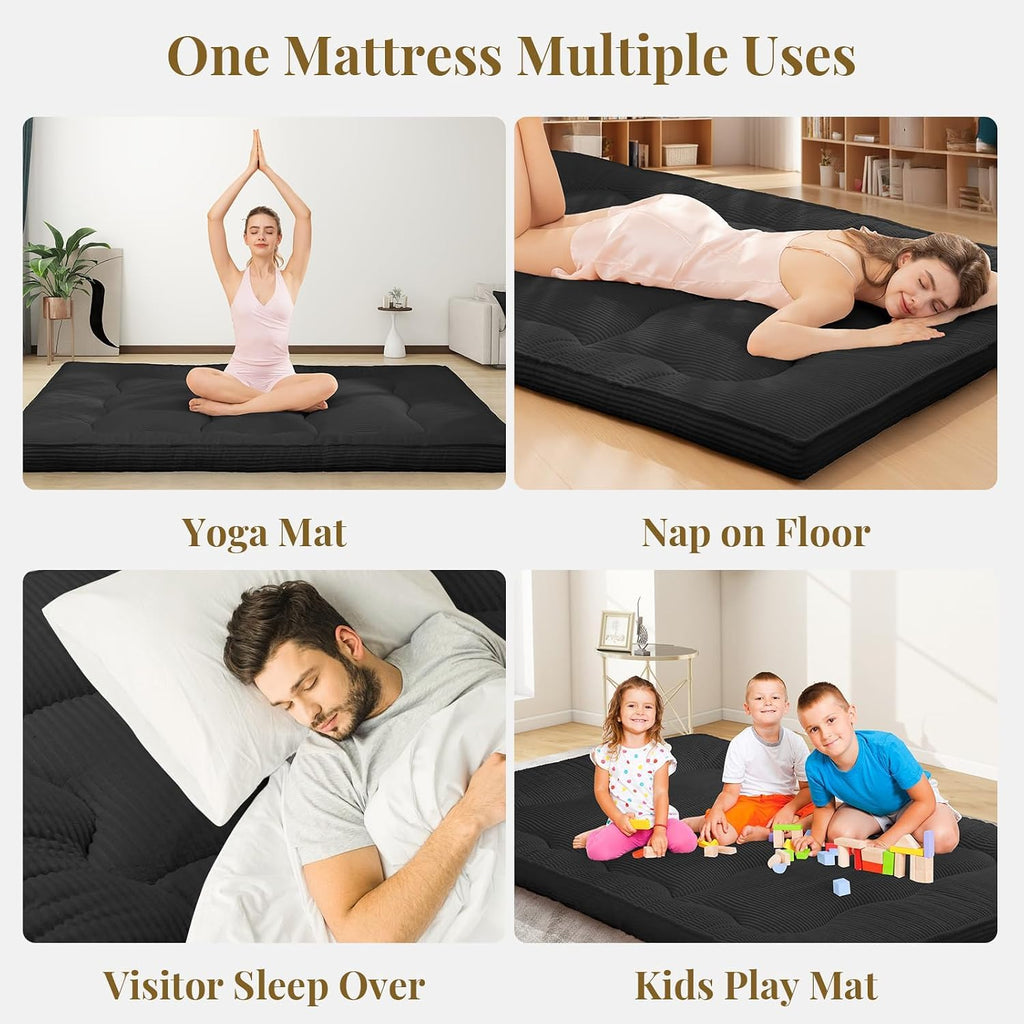 A-010,Full Size 4" Japanese Corduroy Futon Mattress, Foldable Roll-Up Floor Tatami Mat, Black