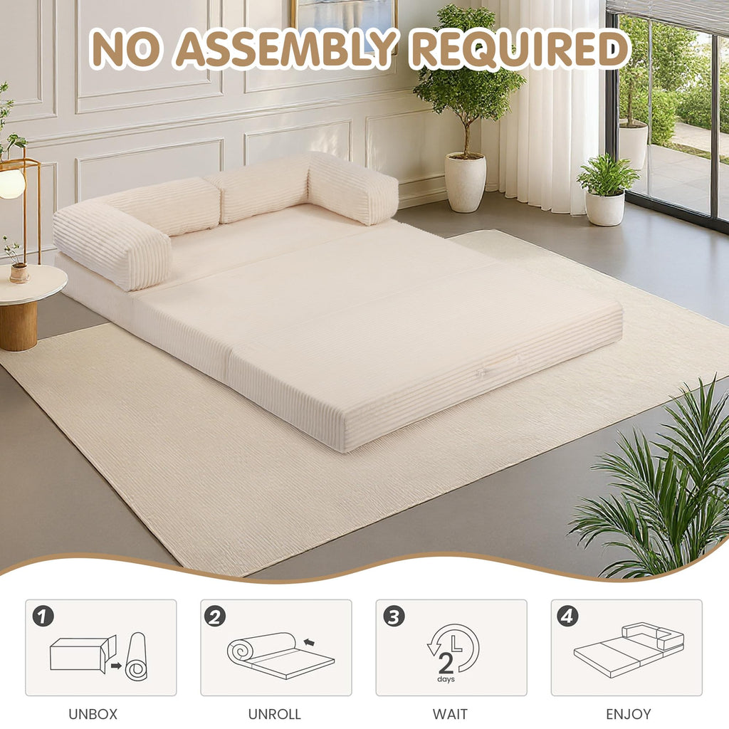 A-006,5-in-1 Convertible Folding Sofa Bed, Tri-Fold Corduroy Boneless Floor Futon with Removable L-Shaped Armrests