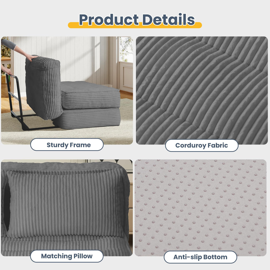 A-003,Convertible Folding Sofa Bed with Fixed Frame, 5-Position Adjustable Backrest, Thick Cushion & 2 Pillows