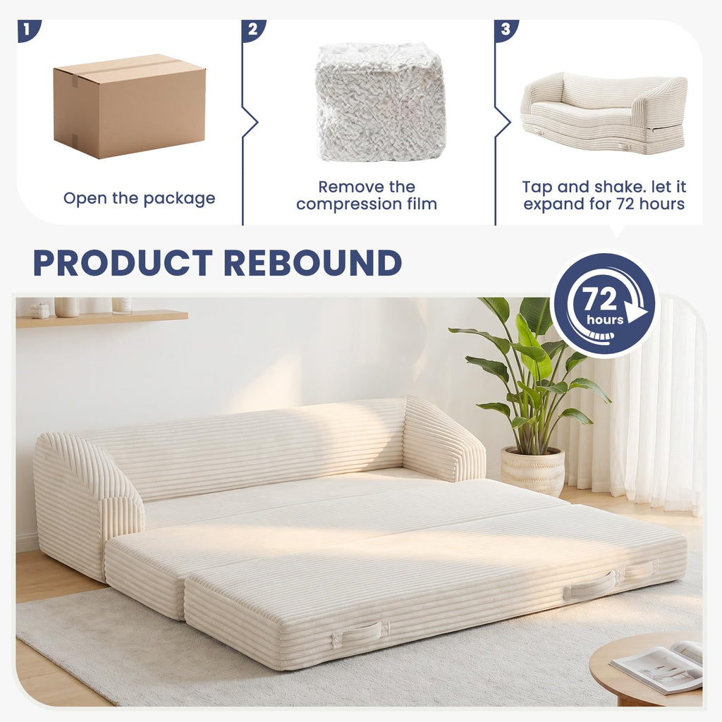 H09,70" 3-in-1 Corduroy Foldable Sofa Bed, Thick Boneless Floor Couch with Handle