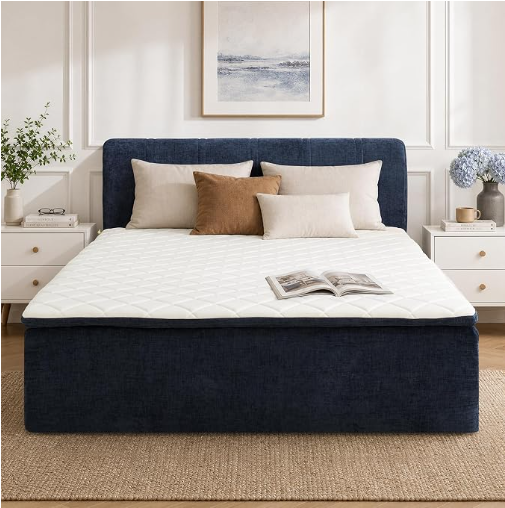 A-024,All‑in‑One Boneless Bed | No Assembly, Upholstered Frame with Headboard, 16.7" Medium‑Firm Memory Foam Mattress, Beige