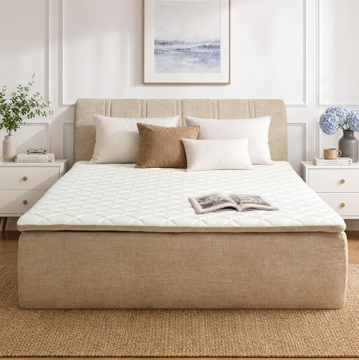 A-024,All‑in‑One Boneless Bed | No Assembly, Upholstered Frame with Headboard, 16.7" Medium‑Firm Memory Foam Mattress, Beige